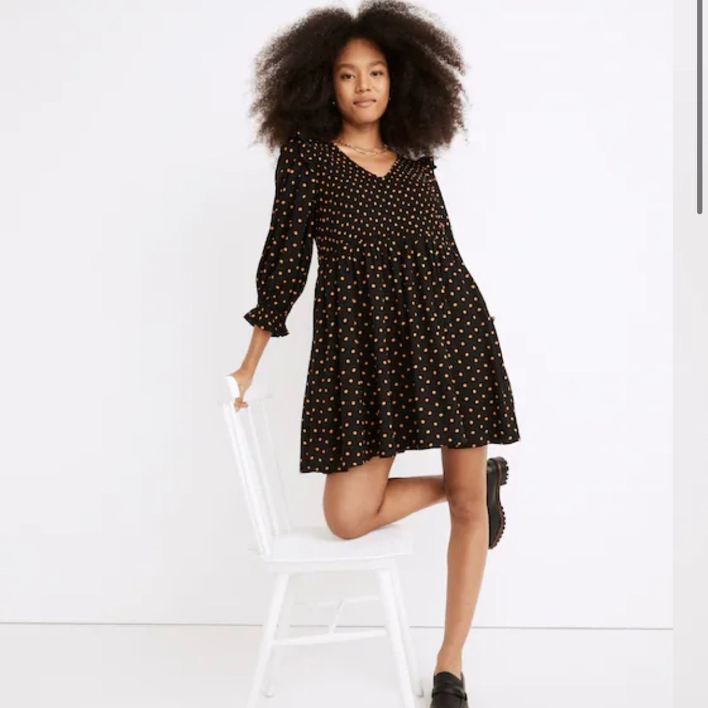 Madewell Lucie V-neck Smocked Mini Dress Polka Dot Small Oval Dot black